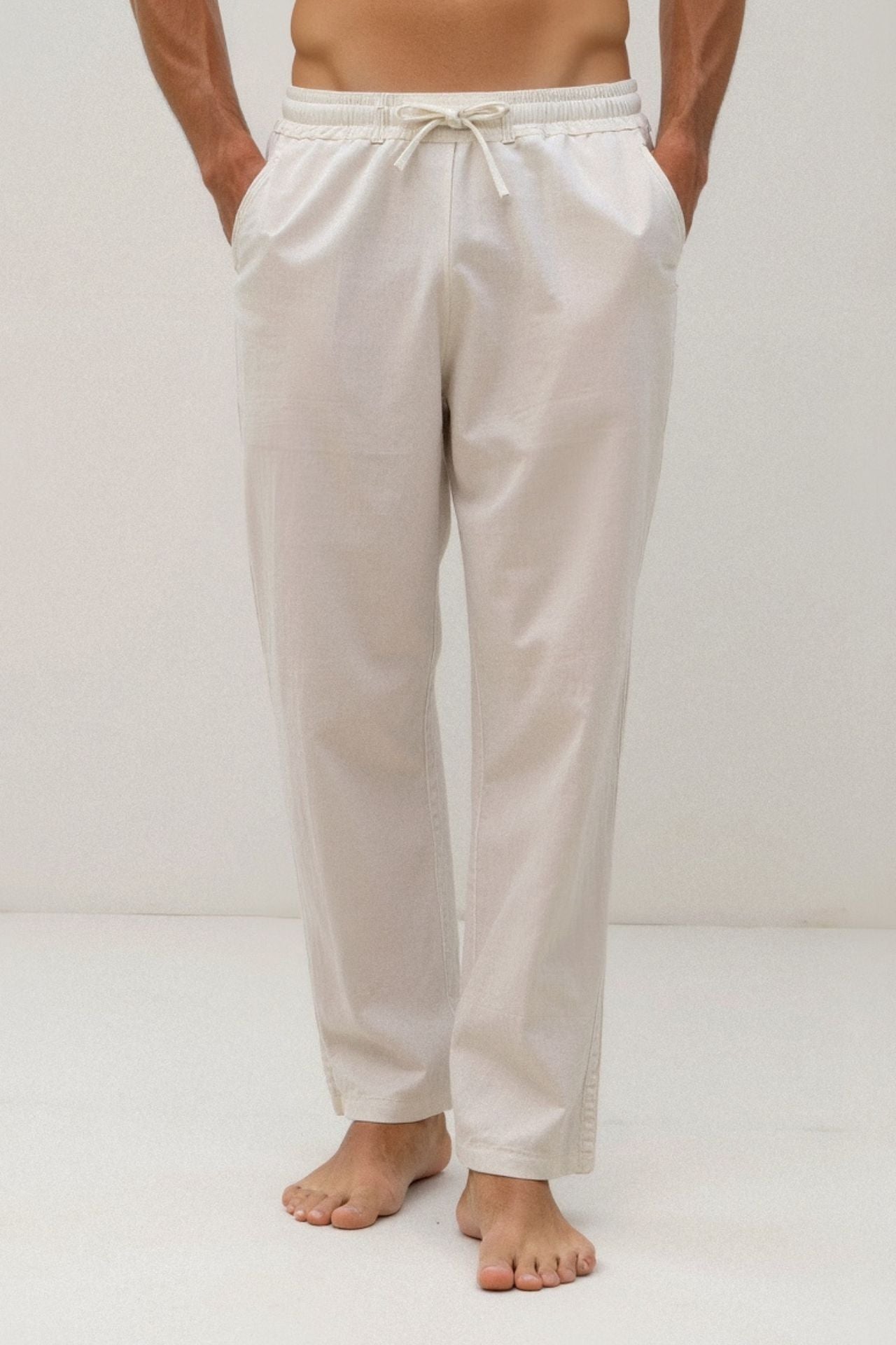 Pantalon à cordon de serrage en mélange de coton et de lin