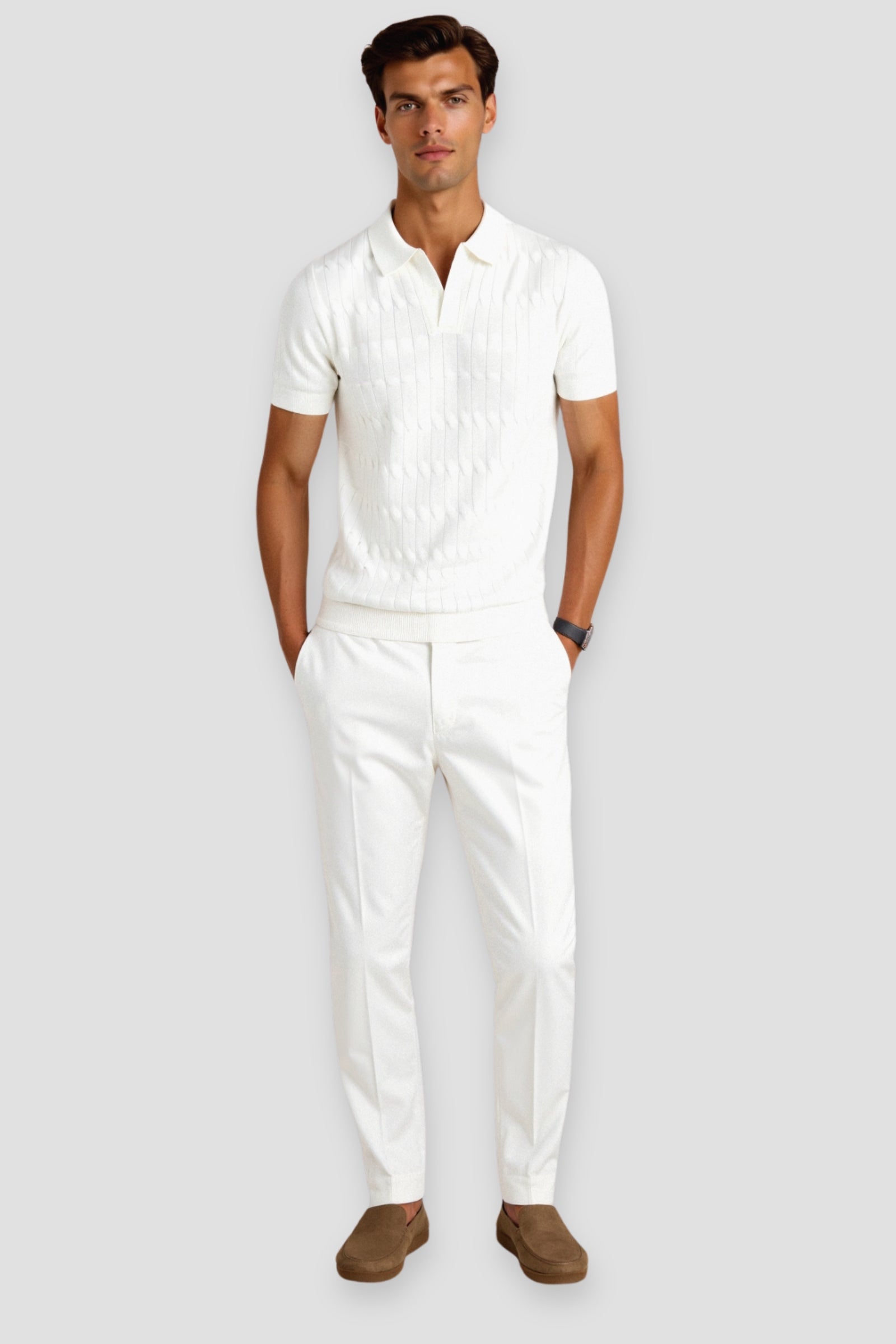 Polo en maille torsadée à col en V de qualité supérieure